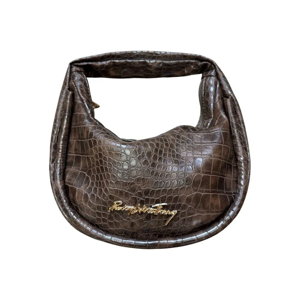 PrettyLittleThing Brown Faux Croc Embossed Hobo Shoulder Bag Y2K Slouchy Purse